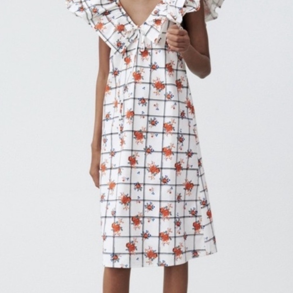 Zara White and Brown Ruffled Tiered Midi Dress